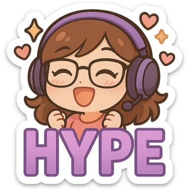 Resize the image to 112 by 112 pixels, keeping all details sharp and clear. Maintain the chibi style with purple gradient HYPE letters, cute details, purple headset, and glasses. Transparent background. sticker