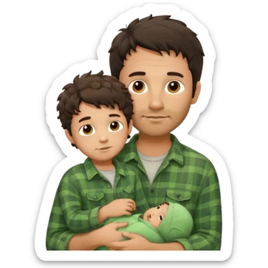A father with messy medium-length dark hair and light stubble, wearing a green flannel shirt. He holds his child who has short curly brown hair and a cream-colored romper. Cozy warm lighting, authentic family moment. sticker