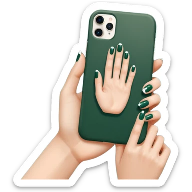 female hand with nude manicure holding a white iPhone in a dark green case, top view, minimalism sticker