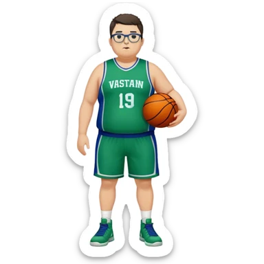 Full Body overweight white male with dark short spike hair basketball player wearing glasses wearing blue green uniform sticker