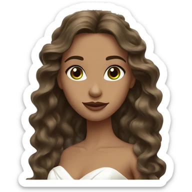 bride with brown long wavy hair, greenish-brown eyes an no veil sticker
