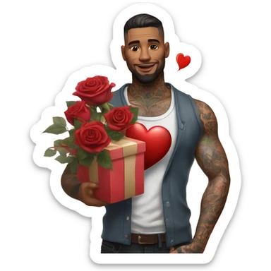 Hyper Realistic handsome tattooed man holding roses and a heart shaped gift box sticker