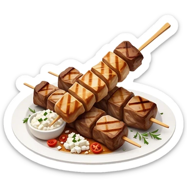 Souvlaki Cinematic Realistic Souvlaki Dish Emoji, depicted as skewered, grilled meat served with a side of crumbled feta cheese, rendered with rich textures and dynamic, appetizing lighting. sticker