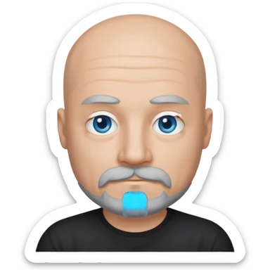 Bald man with blue eyes grey beard and moustache. Black T-shirt  sticker