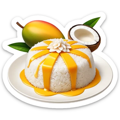 Mango Sticky Rice Cinematic Realistic Mango Sticky Rice Dessert Emoji, depicted as sticky rice drizzled with coconut milk topped with a layer of coconut cream, accompanied by sliced mango on the side of the plate, rendered with vivid textures and warm, tropical lighting. sticker