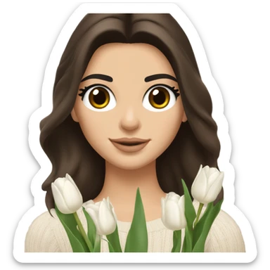 brunette Kendall Jenner with with body soft and long and brown hair her eyes brown and Holding a bouquet of white tulips Her hair is wavy and shiny With brown sweater just one  sticker