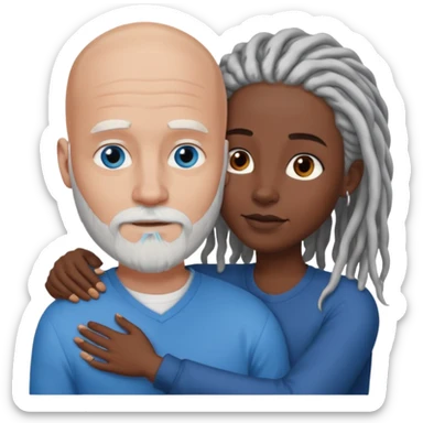 Tall bald white man with a white beard and blue eyes in a lovingly embrace with a black woman with brown eyes and grey hair dreads sticker