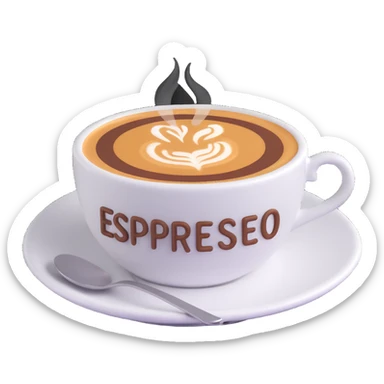 A cup of coffee with the word “Espresso” written on the foam, close-up, warm lighting, simple background sticker