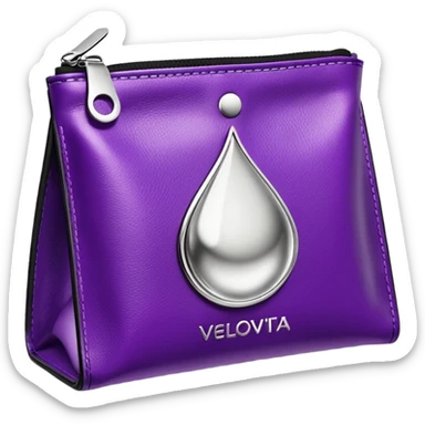 compact high-end purple supplement pouch with shiny silver highlights and simple droplet logo, VELOVITA RESERVE antioxidant product, contemporary premium look sticker