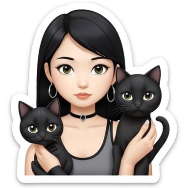 Asian girl with black hair, grey highlight, slightly longer than shoulder.  Holding two BLACK cats. The girl also wearing a black singlet, a black chocked, silver round hook earring, and wearing eyeliner.  sticker