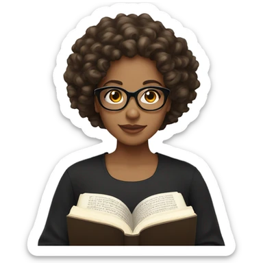 A women with brown medium curly hair, light skinned, full cheeks, black shirt and black glasses reading the Bible  sticker