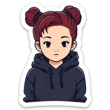 Girl with dark red hair in a messy bun on top of head wearing a black hoodie sticker