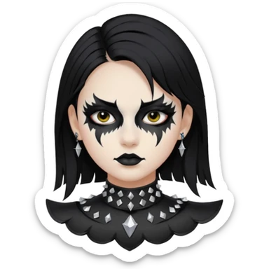 Crea una ragazza con stile black metal,  paint face black metal, capelli neri, mossi dalle spalle e occhi bianchi e un collare con borchie a punta sticker