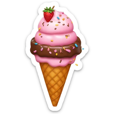 strawberry icecream with chocolate with a pink bow on top with sprinkles in a cone sticker