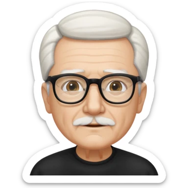 An elderly man with neatly combed white hair swept back and wears black rectangular glasses sticker