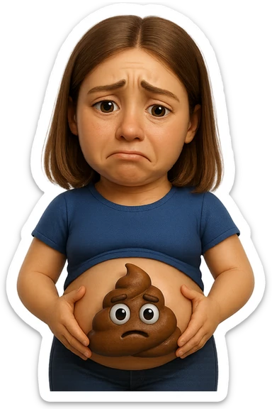 emoji stile iphone di una donna con pancia gonfia piena di cacche con gli occhi, iperrealistico 4k sticker