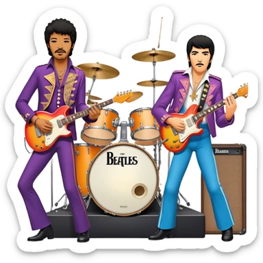 Rock music icon: vibrant stage with electric guitars, drums, and amplifiers. Collage of rock legends—The Beatles, Jimi Hendrix, and Elvis Presley—capturing the rebellious spirit and timeless energy of rock music. Transparent background. sticker