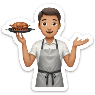 A cheerful man in an apron flipping meat on a sizzling grill with smoke puffing upward. sticker