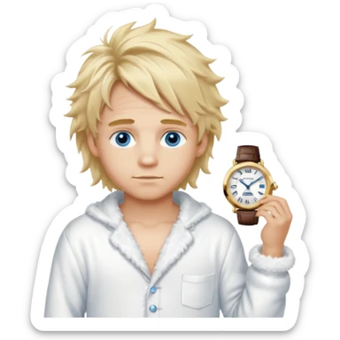 Create a look for a blond boy with long, tousled hair, light eyes, a white sweater, a wealthy appearance, blue eyes, and accessories like a Rolex or Cartier watch, and a cute face with messy hair down. blue eyes + + pajama white fluffy sticker