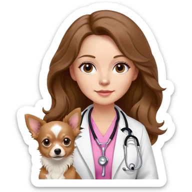 Veterinary doctor white woman with long brown wavy hair and brown eyes, wearing a white coat , a pink stethoscope around neck and standing next to a solid black colored chihuahua dog  sticker