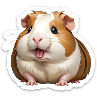 Cinematic Cute Yawning Brown and White Banded Guinea Pig Portrait Emoji, Head tilted slightly with a dramatic, wide-open yawn, revealing a soft, banded coat of brown and white with tiny, droopy ears, round dark eyes barely open in drowsy contentment, Simplified yet irresistibly adorable features, highly detailed, glowing with a soft, cozy glow, high shine, relaxed yet expressive, stylized with a touch of whimsy, bright and endearing, soft glowing outline, capturing the essence of a sleepy yet affectionate guinea pig, so drowsy it feels like it could stretch out of the screen and curl up for a nap! sticker