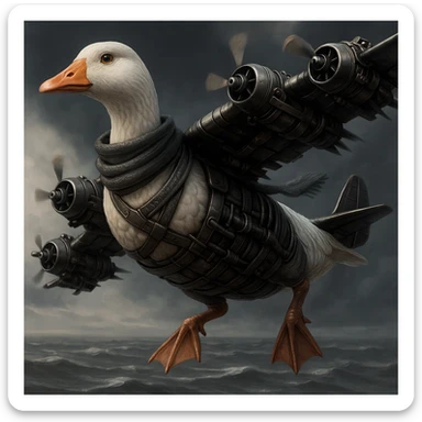 Make a subtle but clear change to the original image by adding a scarf to the mechanical goose. Keep the quality and style the same as the original. sticker