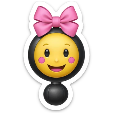 A happy face emoji holding a bomb and the bomb has a cute pink bow on the bomb sticker
