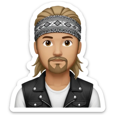 Guy wearing black and white patterned bandana as a headband with goatee and long hair atop his head in ponytail, wearing white tshirt with black biker vest sticker