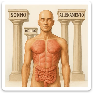 5 pilastri con le scritte "SONNO", "DIGIUNO", "ALLENAMENTO", "INTESTINO", DAVANTI UN CORPO UMANO ANATOMICO CON OCCHI CHIUSI IN SALUTE, SFONDO CHIARO sticker