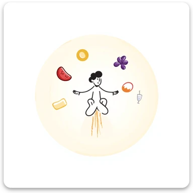 Floating orb of warm light containing mini bright icons: red meat, golden egg, purple beans, translucent tofu block and yogurt glass, slowly rotating around a radiant body figure that radiates strength and balance sticker