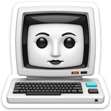 White and black 80s computer with face sticker