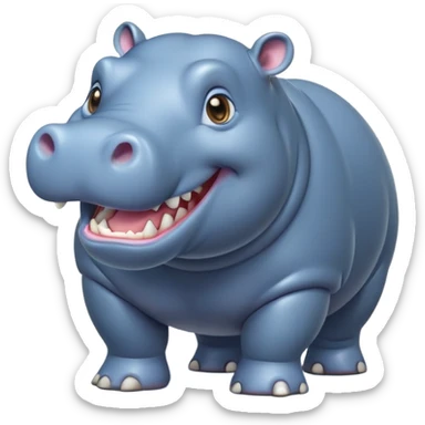 cinematic-hippo-realistic-full-body-side-view-standing-on-all-fours-emoji,-massive-round-frame,-wide-mouthed-grin-exposing-huge-teeth,-head-tilted-dramatically,-thick-greyish blue-hide-glossy, big cute eyes sticker