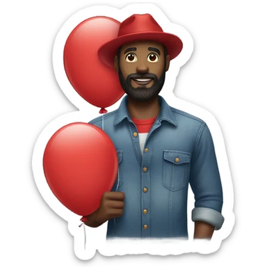 black bearded man with denim shirt red hat and red balloon in hand sticker