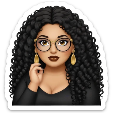 big plus size, latina, darker tan skin, long black curly hair, baddie,pretty, makeup, lipgloss, black eyeliner, long hair, SMALL gold earrings, black top, black glasses sticker