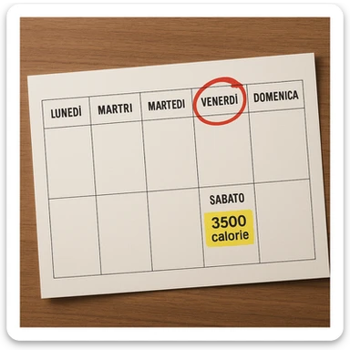 Hyperrealistic top-down view of a weekly calendar in Italian, showing days from Monday to Sunday. Friday is circled in red. Below both Saturday and Sunday, the text '3500 calorie' is highlighted with a yellow background. The scene has 4K details and a desk atmosphere. sticker