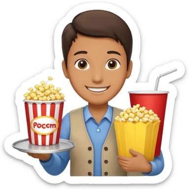 A smiling vendor carrying a tray of popcorn and drinks. sticker