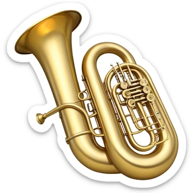 Create a large and bold emoji representing a tuba. The design should feature the tuba’s iconic, large, curved brass body, with its wide bell and tubing wrapping around. Highlight the visible valves and their metal buttons, showcasing the characteristic structure of the instrument. The brass finish should be shiny, with golden tones and subtle reflective light effects to highlight its polished surface. Add soft musical notes or soundwaves emanating from the bell to evoke the deep, resonant sound of the tuba. The background should be transparent. sticker