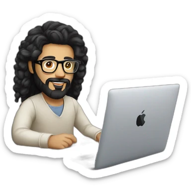 Designer with black hair, beard and glasses working with MacBook and drinking cappuccino  sticker
