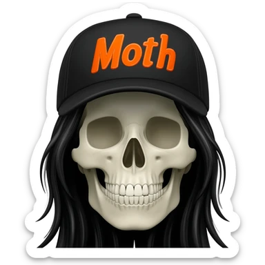 Create a skeleton head wearing a black baseball cap that says "Moth" in orange lettering, with long black hair sticker