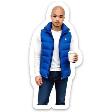 full body man with long sleeve white shirt with blue puffer winter vest with no pockets wearing straight long boot cut levi blue jeans with no cuffs and black tennis shoes holding a coffee mug in one hand directly in front of him at his chest and nothing in the other hand with his weight on one leg sticker