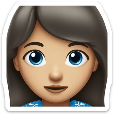A girl with bangs of dark brown hair and blue eyes in a Christmas sweater sticker