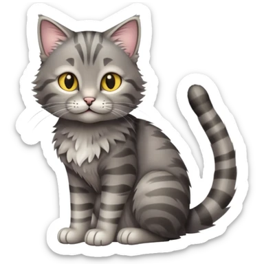 cinematic-[grey tabby cat]-realistic-full-body-sitting-emoji,-tail-curled-playfully-around-its-paws,-head-tilted-dramatically,-scruffy-[grey]-fur,-simplified-yet-realistic-focused-features,-highly-detailed,-glowing-with-an-almost-sarcastic-glow sticker