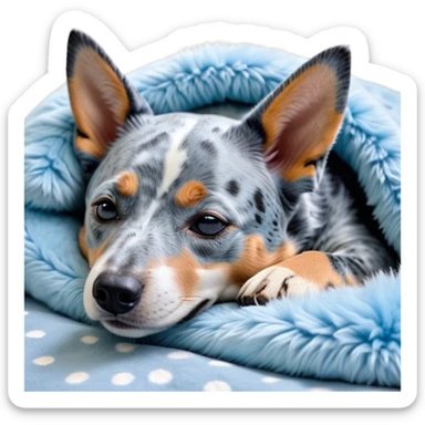 Meme-Worthy Cute Sleeping Blue Speckle Australian Cattle Dog Portrait Emoji, Head resting peacefully with a contented smile, showcasing a robust build and a luxuriously soft blue speckle Fur, eyes shut in a serene nap, Simplified yet hilariously adorable features, highly detailed, glowing with a soft, drowsy light, high shine, relaxed and utterly lovable, stylized with an air of playful laziness, bright and heartwarming, soft glowing outline, capturing the essence of a comically sleepy herder, so meme-worthy it feels like it could instantly become the next viral sensation of adorable slumber! sticker
