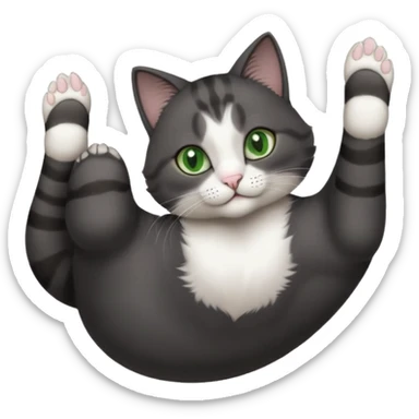 beautiful female solid dark grey cat with green eyes, white toes/paws and white patch on her chest rolling upside down sticker