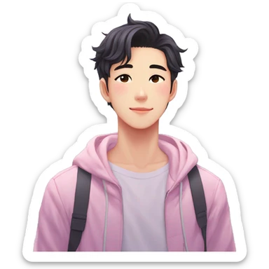 Gorgeous bright sparkly romantic Asian anime pastel guy with blushing face aesthetic trending style outside sticker