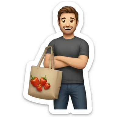 Man with brown hair holding up a bag of paprikas with one hand sticker