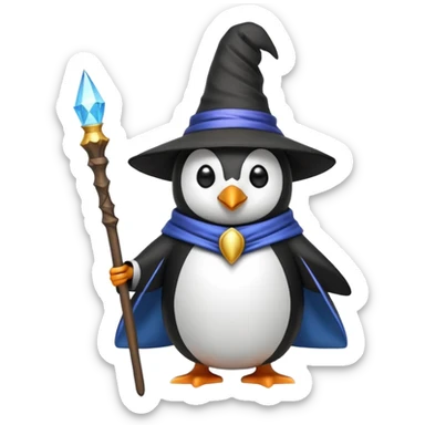 penguin dressed as a wizard with a pointy hat and magic staff, fun emoji style sticker