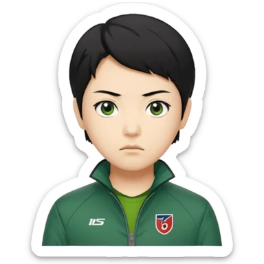 Create a realistic portrait of Kang Sae-byeok (Player 067) with short black hair, green jacket & serious look. sticker