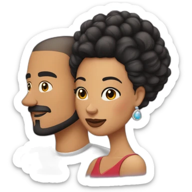 “White latino man with a buzz cut and skin black hair fade, thin beard, and well-defined mustache by a barber, embracing his Black Latina wife with very straight hair and large earrings.” sticker