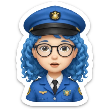 scout girl baby with uniform including the hat,  little with glassess and long curly blue hair sticker